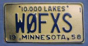 1958 1959 Minnesota Ham Radio License Plate #W0FXS  