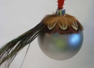 Silver Colored Handmade Christmas Ball Ornament Decorated w/Feathers 