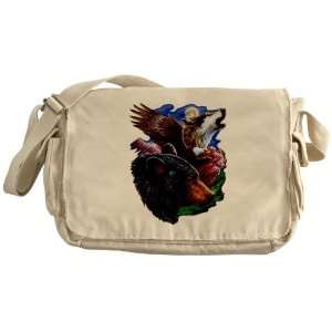    Khaki Messenger Bag Bear Bald Eagle and Wolf 