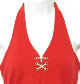 ANN TAYLOR Nautical RED Halter S Bandeau TOP Shirt STRETCH Cotton Knit 