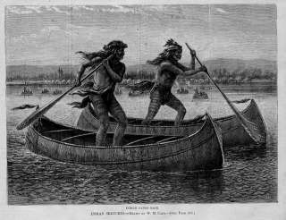 CANOE, INDIAN SKETCHES, INDIAN CANOE RACE ANTIQUE PRINT  