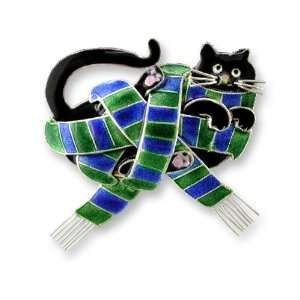  Cat in Scarf All Wrapped Up Sterling Silver & Enamel Pin 