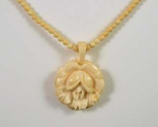 Vintage Faux Ivory Rose Pendant Necklace 24L Gorgeous  