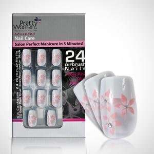 Pretty Woman Decorated Jewel Nails   White with Pink Flower Design 