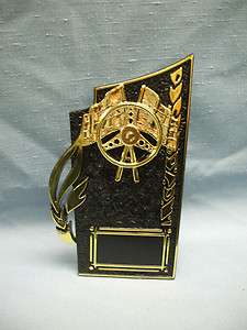   Award racing flag with steering wheel trophy party favors black  