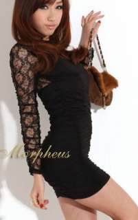 Black Lace Round Neck Long Sleeve clubwear Mini Dress  