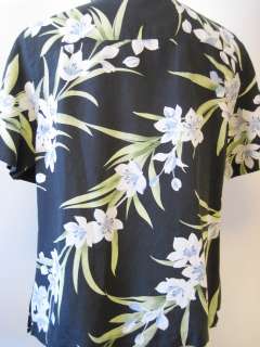 Tommy Bahama Black & Blue Tropical Flower Silk & Linen Camp Shirt 