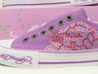 Ed Hardy women roses eggplant purple rhinestones sneakers shoes NEW 