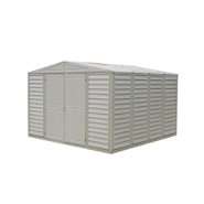 Duramax 10 x 10 vinyl fire retardant shed with a galvanized steel 