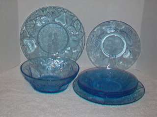 KIG*Indonesia~Blue Glass Bowl+Plates~Fruit Pattern~7pcs  