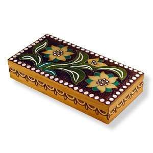 Wooden Box, 5086, Traditional Polish Handcraft, Brown with Two Flowers 