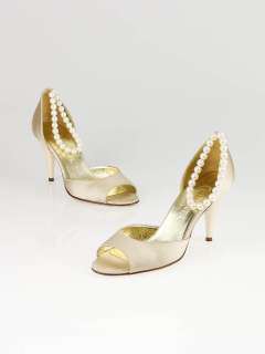 Chanel Beige Satin Peep Toe Pearl Ankle Strap Pumps Size 6.5/37  