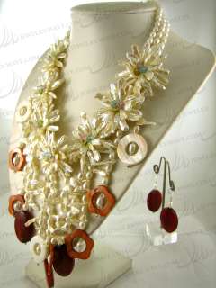 NEW Biwa Pearl Flower Shell Carnelian Necklace/Earrings  