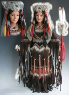   NIB 32 Porcelain Native American Indian Princess Doll Tala Wolf Hat