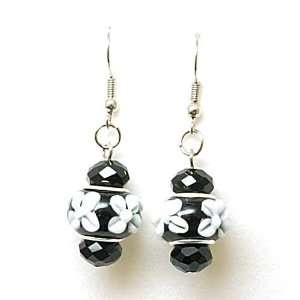  TOC BEADZ Black & White Flower Glass Bead Drop Earrings Jewelry