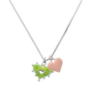 Two Sided Lime Green Enamel Heart with Flowers and Pink Heart Charm 