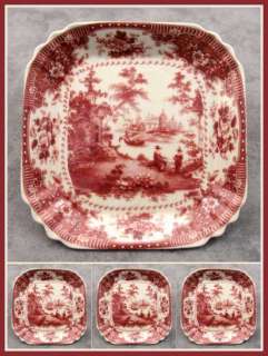 set of 4 porcelain red cream victorian toile dinner roll bread plates