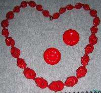 Vintage Red Fancy Shaped Bead Necklace & Clip Earrings  