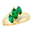 Lab Created 3 Stone Marquise Emerald and Diamond Ring. 10K Yellow Gold