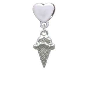  Silver Ice Cream Cone   3 D European Heart Charm Dangle 