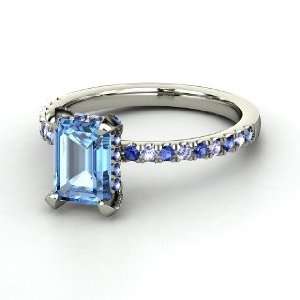 Reese Ring, Emerald Cut Blue Topaz 14K White Gold Ring with Sapphire 