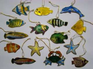 SMALL HAND PAINTED CAPIZ SHELL TROPICAL FISH CHRISTMAS ORNAMENTS 