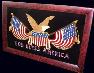 EAGLE American Flags Framed FOLK ART Embroidery SAMPLER  