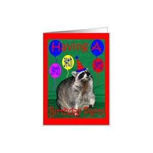  Invitation to 34th Birthday Party, Raccoon with party hat 