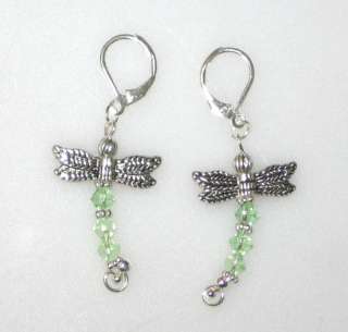 Green Swarovski Crystal Dragonfly Leverback Earrings  