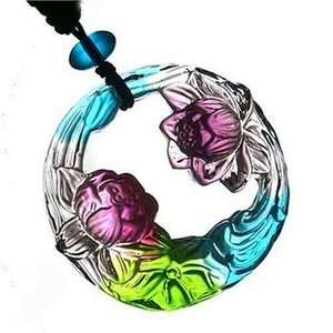 Unusual Chinese LiuLi glass lotus flower amulet pendant Necklaces 