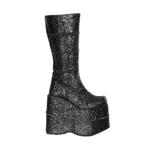  Demonia Stack 301 7 Inch Platform Black Glitter Knee Boot Size 