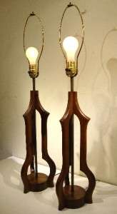 PAIR VINTAGE MODERN ABSTRACT WOOD CARVED TABLE LAMPS  
