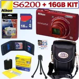  Nikon Coolpix S6200 16 MP Digital Camera (Red) + 16GB 