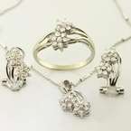Flower 14K White Gold Diamond Earring Ring Necklace Set  