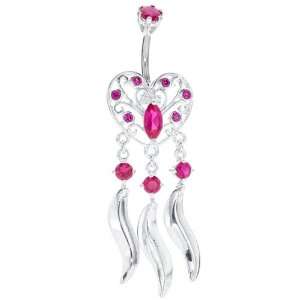   Silver Ruby CZ Filigree Heart Belly Button Ring Dangle Jewelry