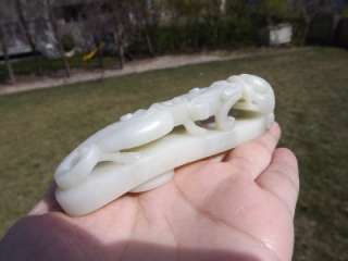   Chinese Light Celadon Jade Well Carved Dragon Belt Buckle  