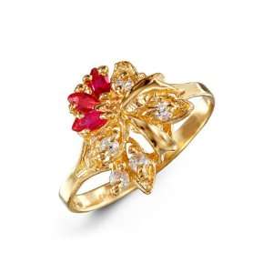 Ruby Red Marquise White CZ Flower 14k Yellow Gold Ring