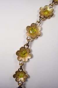 Vtg Gold Flower Link Bracelet Polished Peridot Stone Centers Germany 7 