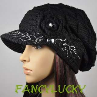 F221 Black Knit Flower Double deck Newsboy Hat Cap New  