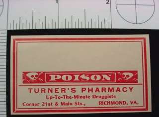 Turner Pharmacy Poison Label Skull Cross Bones Richmond  