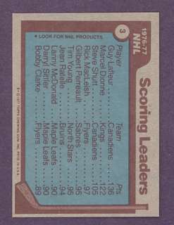 1977 Topps #3 1976 77 NHL Scoring Leaders w/ Guy LaFleur. This card 