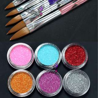   Acrylic Glitter Powder Glue French Nail Art 500 Tip Brush Kit Set #689