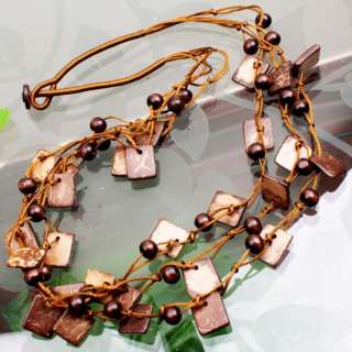 Handmade Brown Coconut Shell Square Beads Necklace 24L  