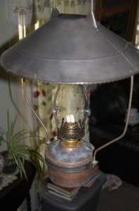 HANGING STORE OIL LAMP TIN FRAME & SHADE & BRASS FONT WITH ANTIQUE 