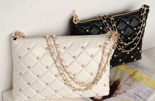 New Real Lambskin Leather Quilted Studden Chain Crossbody Handbag 
