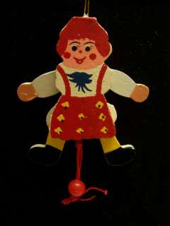 Vintage Wooden Doll Girl Pull String Christmas Ornament Red Hair 