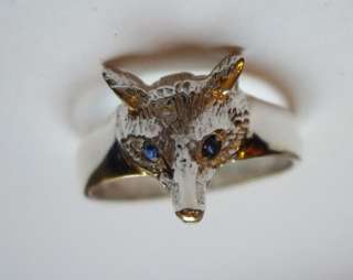 Hallmarked Sterling Silver Fox Head Ring Sapphire Eyes Hunting Any 