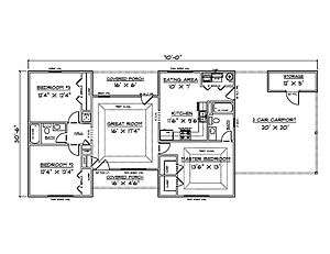 House Plans for 1340 Sq. Ft. 3 Bedroom House w/Carport  