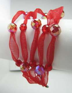 Vintage Style Red Aurora Borealis Bead Organza Bracelet  