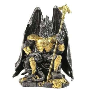  Pewter and Gold Armored Dragon King Sitting in Throne 